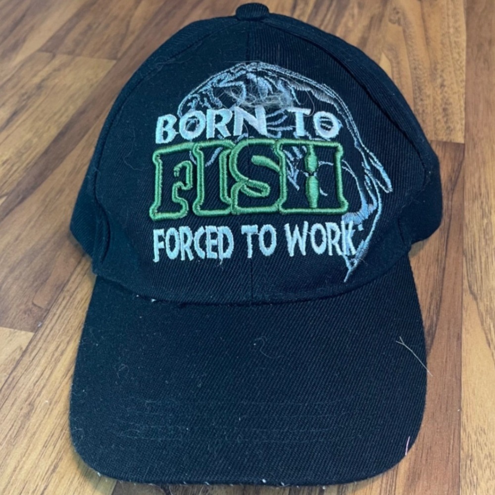 Born to Fish Forced to Work Hat Mens Adjustable Black Baseball Cap Fishing Humor